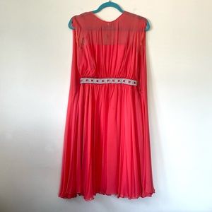 Vintage 50s Coral Chiffon Rhinestone Belted Caped  Cocktail Dress Size Small